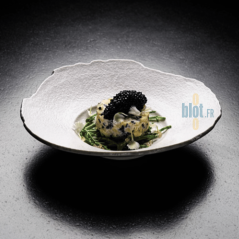 Assiette blanche Matfer dressée avec un plat gastronomique noir et vert