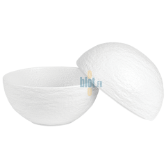Vue produit de la sphère INSITU – Porcelaine blanche avec texture granitée, couvercle entrouvert