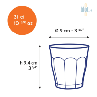 Schéma du verre Picardie 31 cl avec dimensions en centimètres et en pouces
