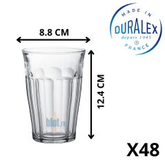 Gobelet Duralex 36 cl avec dimensions visibles : 12,4 cm de haut, 8,8 cm de diamètre.