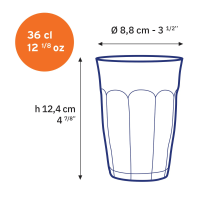 Schéma technique du verre Picardie 36 cl avec mesures en cm et pouces.