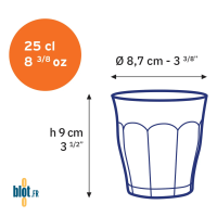 Schéma technique du verre Picardie 25 cl avec mesures en cm et en pouces.