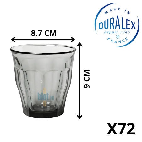 Gobelet Duralex Le Picardie 25 cl gris fumé avec dimensions visibles.