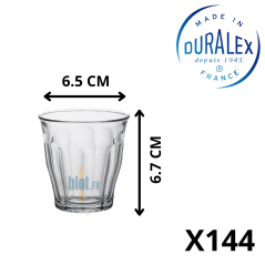 Verre Duralex Picardie de 9 cl avec dimensions indiquées – 6,5 cm de diamètre et 6,7 cm de hauteur – conditionné par 144 pièces.