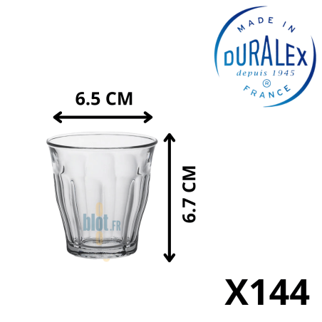 Verre Duralex Picardie de 9 cl avec dimensions indiquées – 6,5 cm de diamètre et 6,7 cm de hauteur – conditionné par 144 pièces.