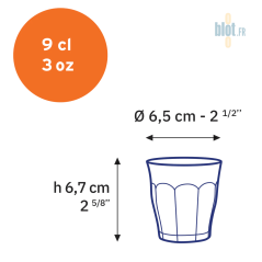 Schéma technique du verre Duralex Picardie 9 cl avec mesures en centimètres et en pouces.