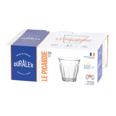 Emballage du lot de 6 verres Duralex Picardie 9 cl, mentionnant la fabrication française et la résistance du verre trempé.