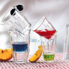 Verres Duralex Picardie 25 cl empilés – cocktails bleus, rouges et verts avec fruits