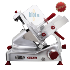 Trancheuse Berkel BEG350 vue latérale avec plateau incliné et levier rouge