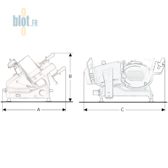 Schéma technique de la trancheuse BEG350 avec indications des dimensions A, B et C