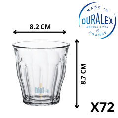 Verre Duralex Picardie 16 cl avec dimensions 8,2 cm de diamètre et 8,7 cm de hauteur, lot de 72