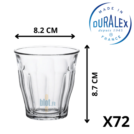 Verre Duralex Picardie 16 cl avec dimensions 8,2 cm de diamètre et 8,7 cm de hauteur, lot de 72