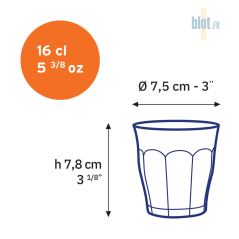Schéma technique du verre Duralex Picardie 16 cl avec dimensions en centimètres et pouces