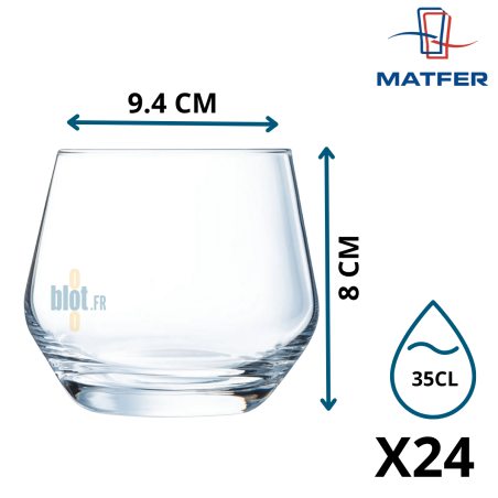 Gobelet Lima 35cl avec dimensions, lot de 24 verres en cristallin