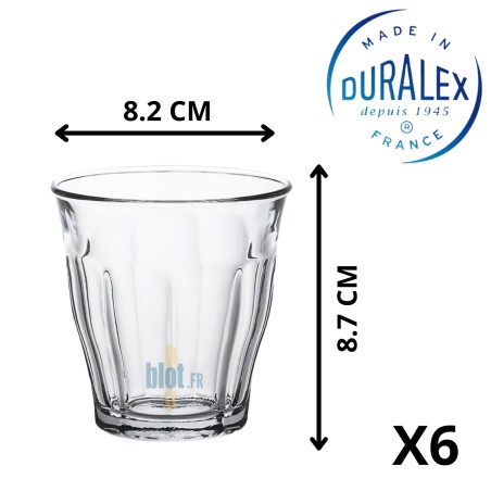 Verre Duralex Picardie 16 cl avec dimensions 8,2 cm de diamètre et 8,7 cm de hauteur, lot de 72