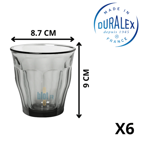 Gobelet Duralex Le Picardie 25 cl gris fumé avec dimensions visibles.