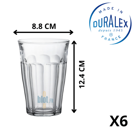 Gobelet Duralex 36 cl avec dimensions visibles : 12,4 cm de haut, 8,8 cm de diamètre.