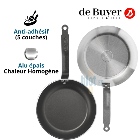 Poêle antiadhésive Lyonnaise CHOC De Buyer Ø24 cm vue dessus et dessous