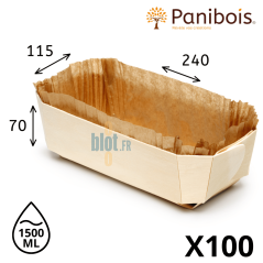 Barquette bois Archiduc 1500 ml avec caissette papier siliconé et dimensions indiquées