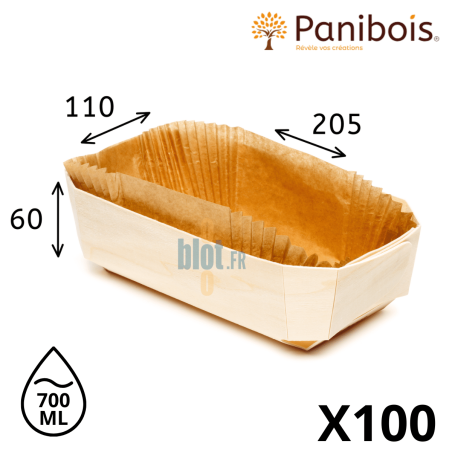 Barquette bois Baron 700 ml avec caissette papier siliconé et dimensions indiquées