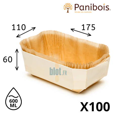 Barquette bois Duc 600 ml avec caissette papier siliconé et dimensions indiquées
