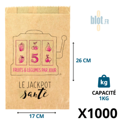 Sac kraft brun Jackpot Santé 1 kg avec impression colorée fruits et légumes
