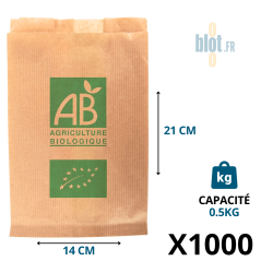 Sac papier kraft brun AB Agriculture Biologique 500 g avec logo vert et dimensions