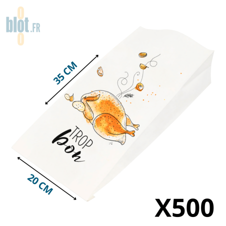 Sachet kraft blanc poulet rôti Trop Bon 20x35 cm avec impression volaille