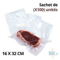 Sachets sous vide alimentaires 16x32 cm transparents 80 microns x100 avec viande emballée