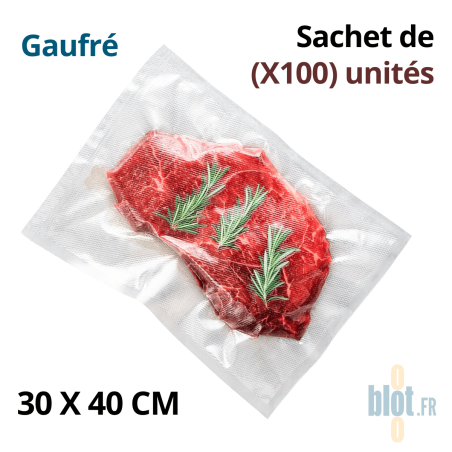 Sac sous vide gaufré 30x40 cm avec viande rouge et brins de romarin