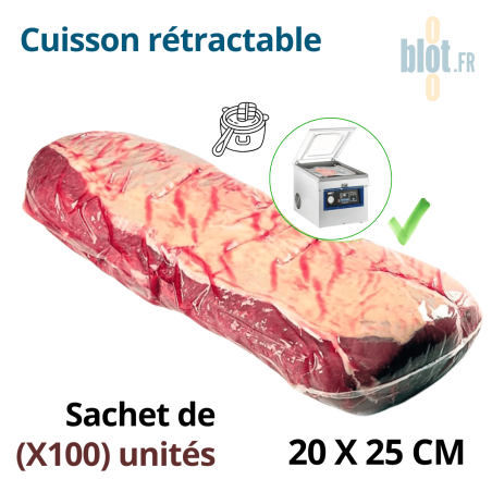 Sachet cuisson sous vide rétractable 20x25 cm avec pièce de viande emballée