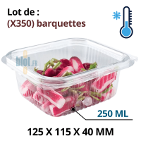 Barquette plastique alimentaire PET 250 ml avec radis frais transparence et couvercle attenant