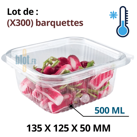Barquette alimentaire froide 500 ml transparente avec couvercle attenant refermable