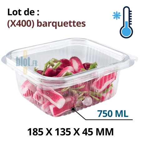 Barquette alimentaire froide 750 ml transparente avec couvercle intégré refermable