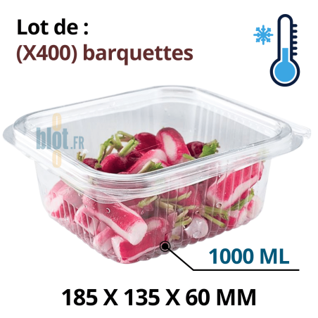 Barquette alimentaire froide 1 litre transparente avec couvercle charnière refermable