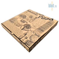 Boîte à pizza kraft brun ROMA 31x31x3,8 cm fermée, motif italien détaillé sur le couvercle.