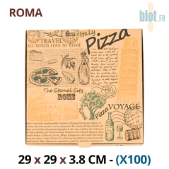 Boîte à pizza kraft brun ROMA 29x29x3,8 cm vue de dessus avec design italien imprimé.