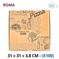 Boîte à pizza kraft brun ROMA 31x31x3,8 cm vue de dessus avec design italien imprimé.