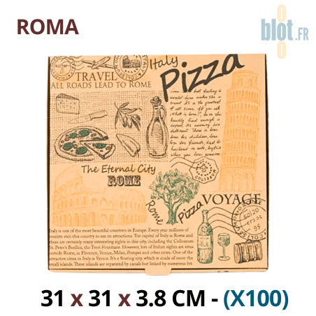 Boîte à pizza kraft brun ROMA 31x31x3,8 cm vue de dessus avec design italien imprimé.