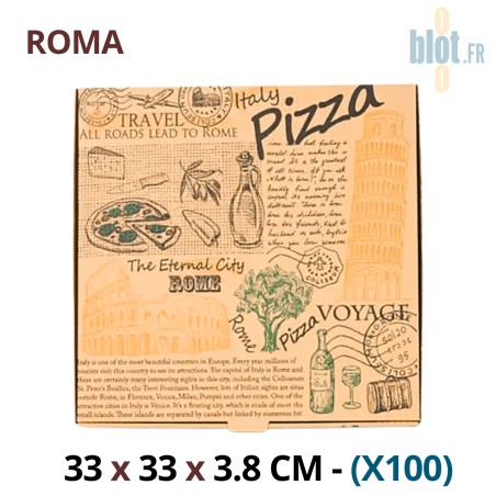 Boîte à pizza kraft brun ROMA 33x33x3,8 cm vue de dessus avec design italien imprimé.