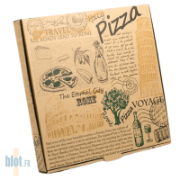 Boîte à pizza kraft ROMA 33x33x3,8 cm présentée en perspective avec impression italienne traditionnelle.