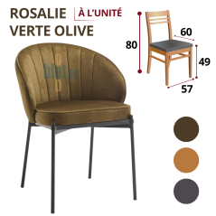 Chaise ROSALIE verte olive avec dimensions indiquées et déclinaison de coloris.