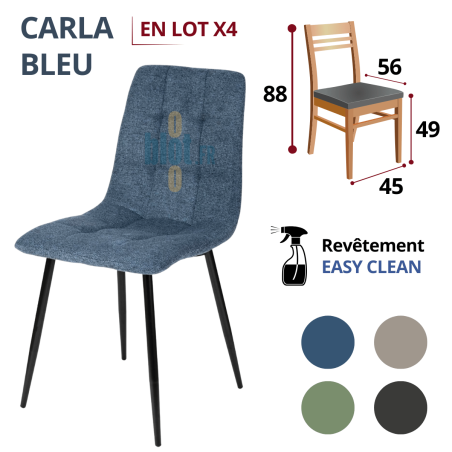 Chaise CARLA bleu lot de 4 avec dimensions et revêtement easy clean