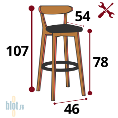 schéma technique tabouret AGATE dimensions hauteur 107 cm assise 78 cm