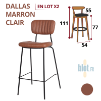 Tabouret haut DALLAS marron clair avec dossier et pieds noirs – présentation produit