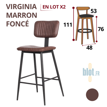 Tabouret VIRGINIA marron foncé – présentation avec dimensions et schéma technique