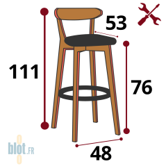 Schéma technique tabouret VIRGINIA marron foncé – dimensions 111 × 48 × 53 cm