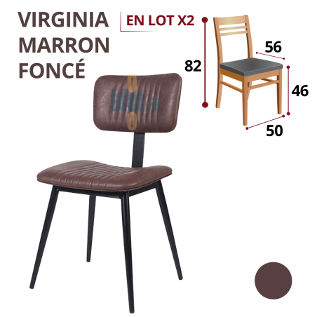 Chaise VIRGINIA marron foncé en simili cuir avec pieds métal noir et dossier rembourré.