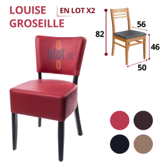 Chaise LOUISE Groseille en simili cuir rouge avec dimensions indiquées et déclinaisons de couleurs