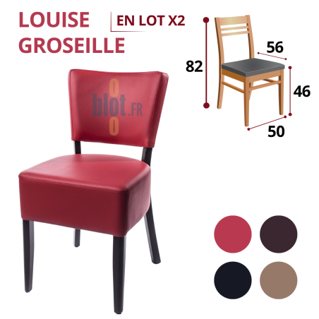 Chaise LOUISE Groseille en simili cuir rouge avec dimensions indiquées et déclinaisons de couleurs